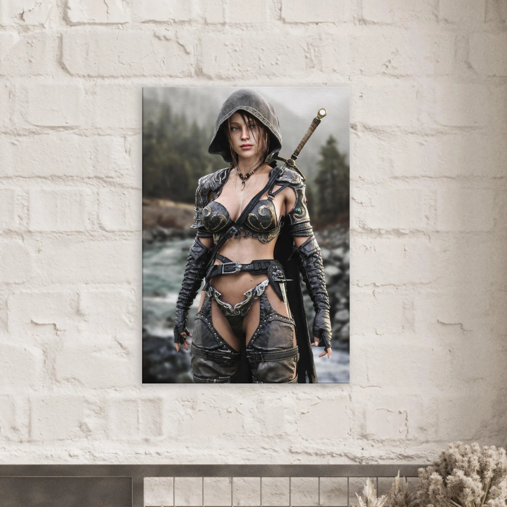 Handcrafted fantasy artwork featuring a hooded female ranger standing beside a mountain river in ornate medieval armor with a sword across her back. Premium wall art for fantasy collectors, RPG enthusiasts, gaming rooms, and medieval décor.