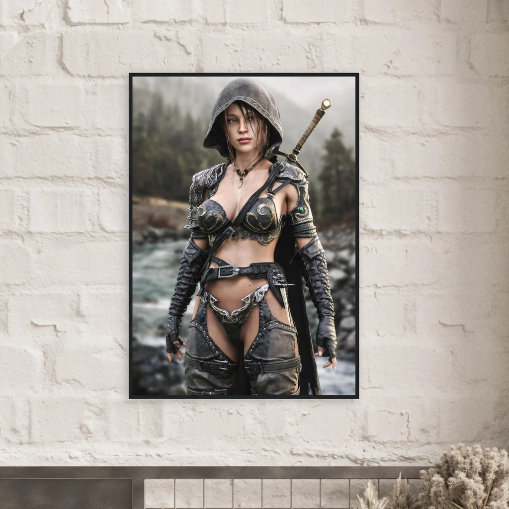 A framed vertical art print of a fantasy female warrior with a hood, shown hanging on a white brick wall above a fireplace.