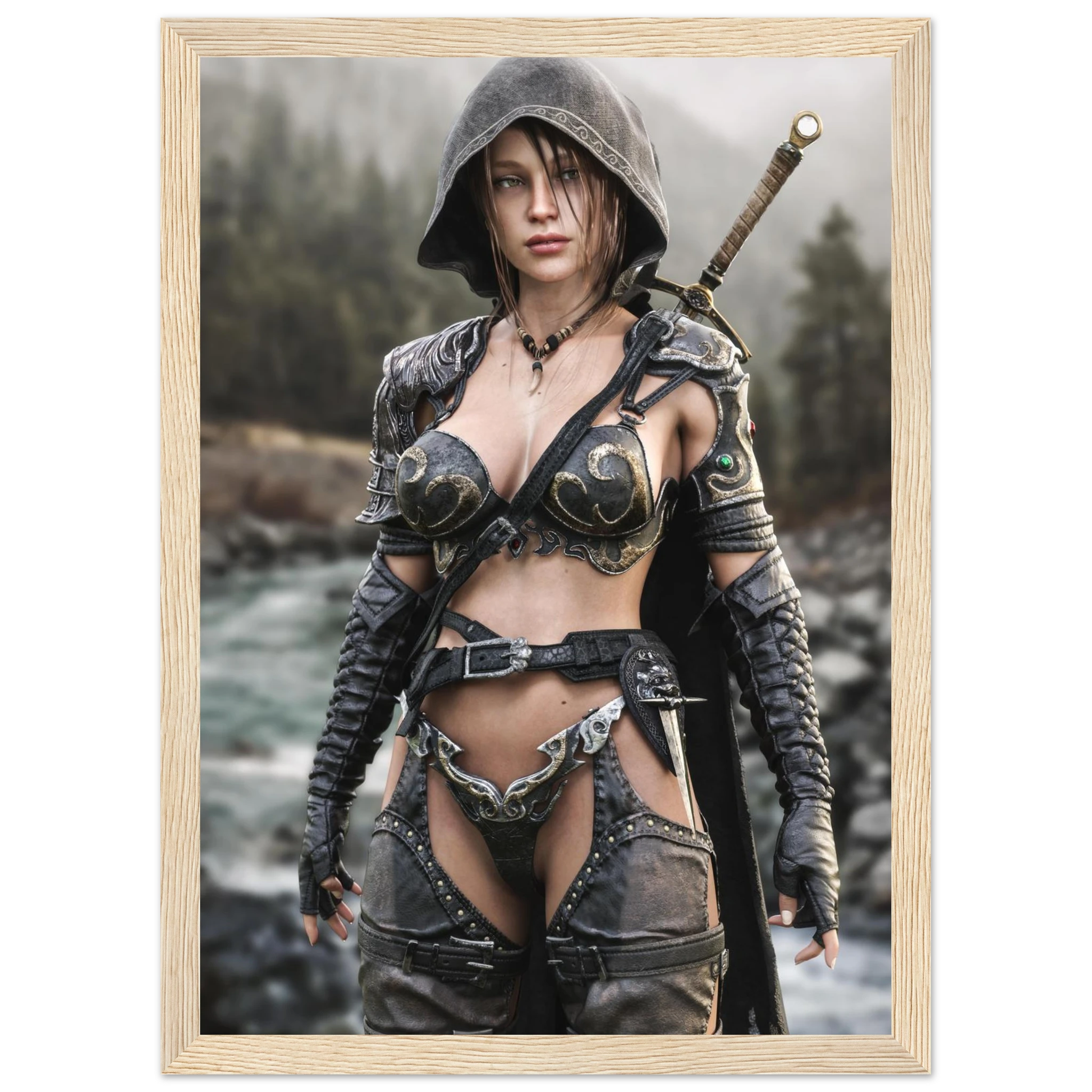 A framed art print featuring a fantasy female warrior character in dark metallic armor, standing in a misty outdoor setting with a sword on her back, presented in a light wood frame.