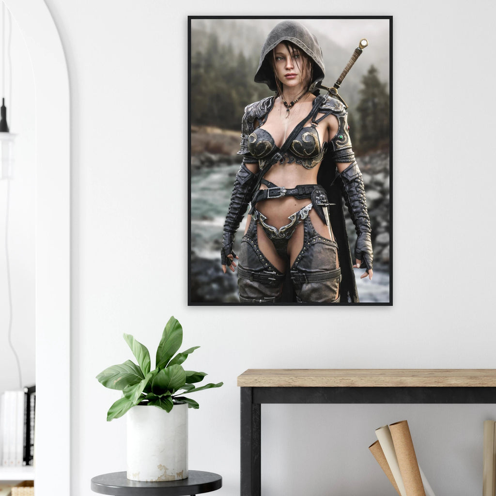 A framed vertical art print of a fantasy female warrior with a sword, displayed on a white wall above a console table with a potted plant.