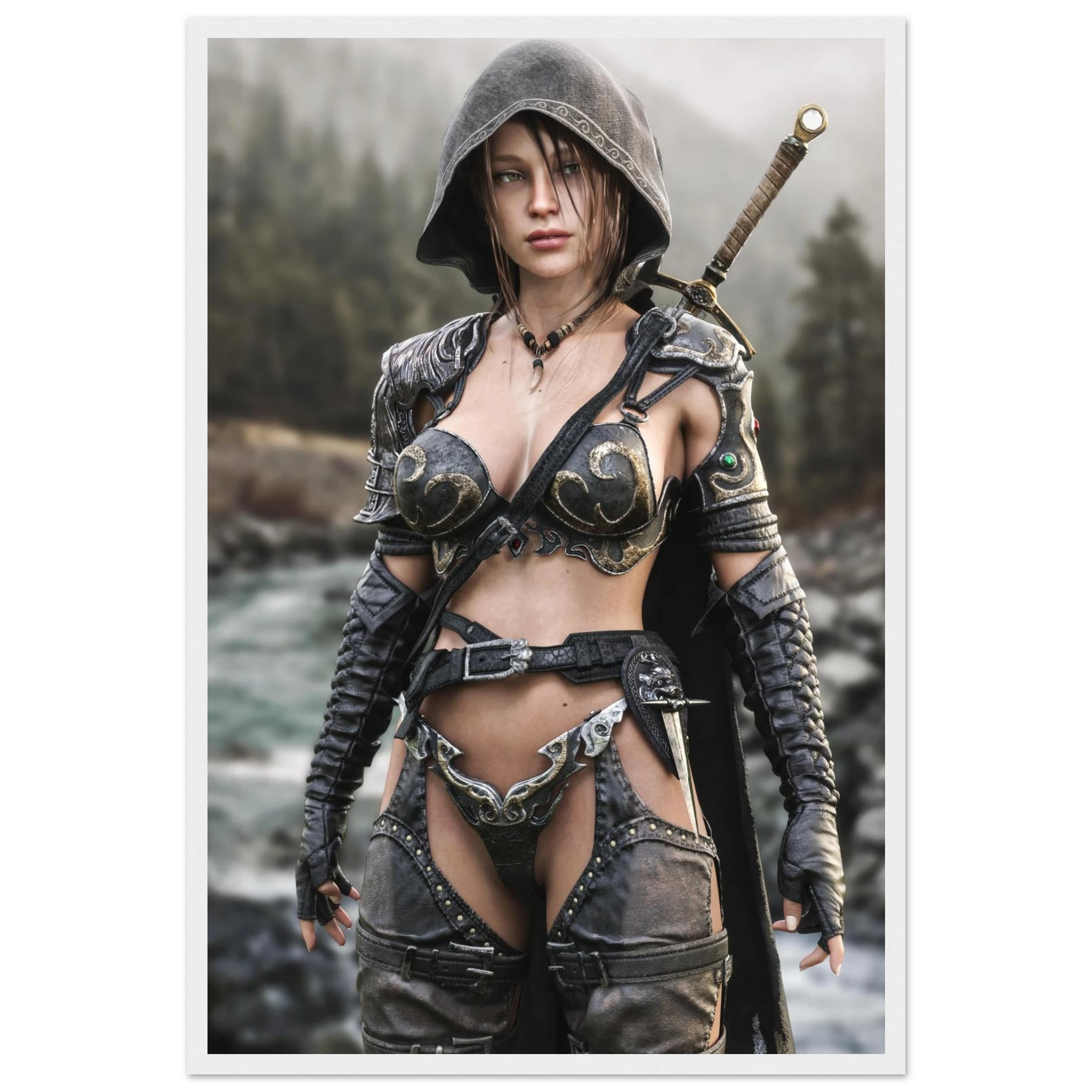 A vertical art print or poster featuring a fantasy warrior woman in dark metallic armor with a hood, standing outdoors in front of a blurred forest and water background. The print is centered on a white border.