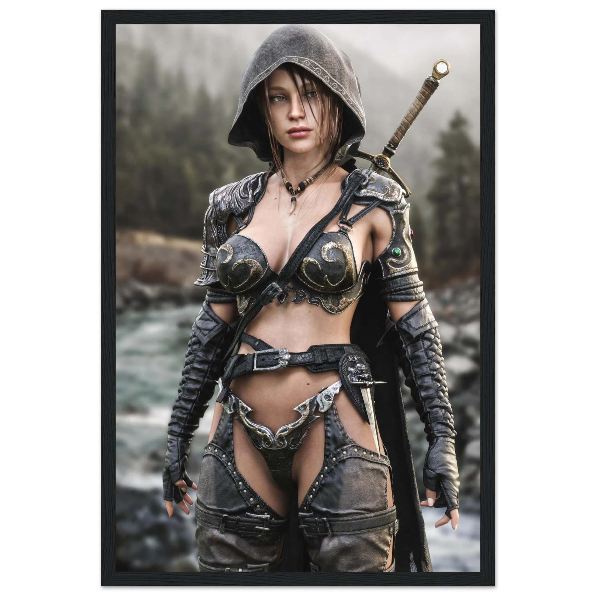 A framed vertical art print featuring a fantasy warrior woman in dark metallic armor standing by a river, shown against a light gray background with a black frame.