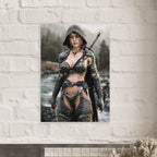 Handcrafted fantasy artwork featuring a hooded female ranger standing beside a mountain river in ornate medieval armor with a sword across her back. Premium wall art for fantasy collectors, RPG enthusiasts, gaming rooms, and medieval décor.