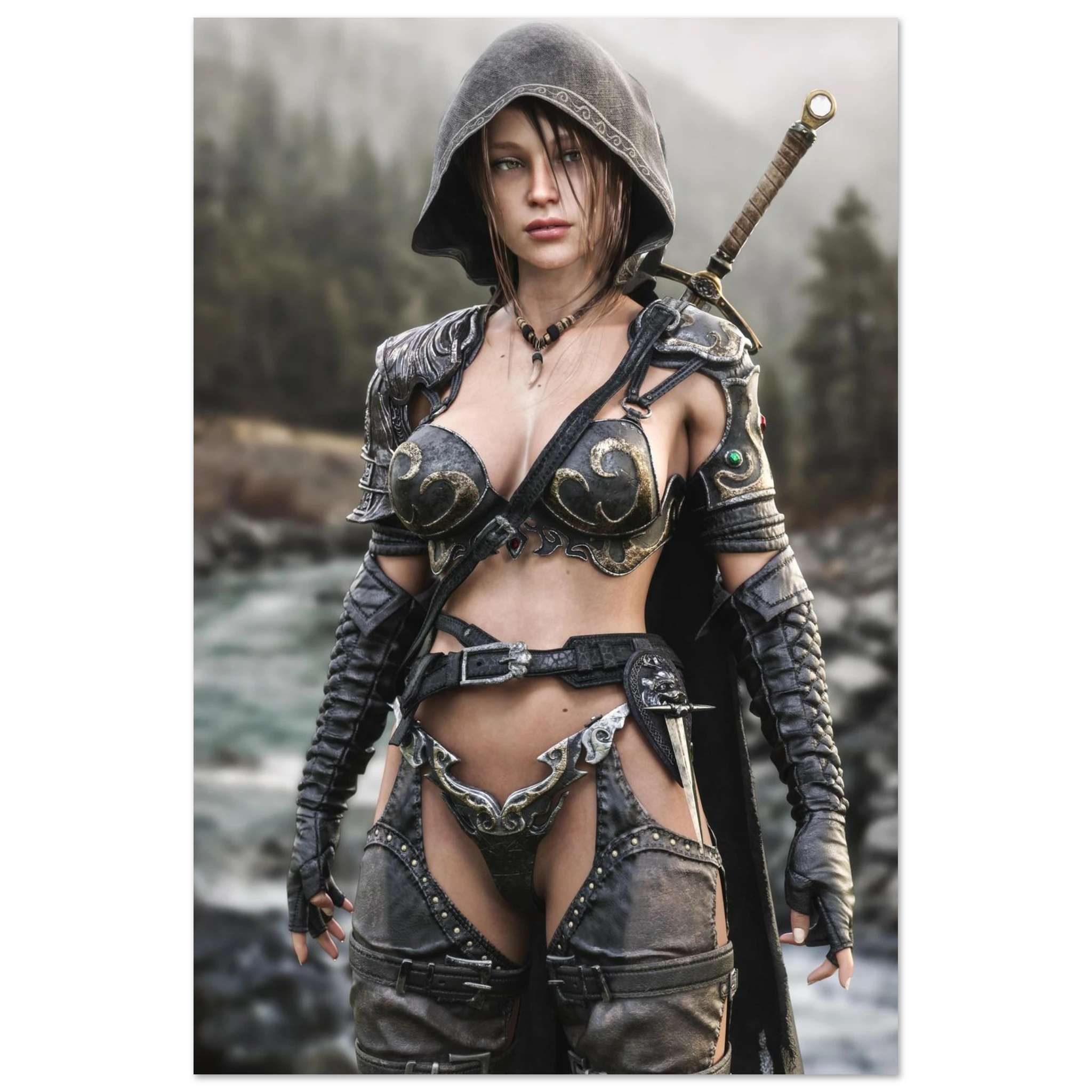 Handcrafted fantasy artwork featuring a hooded female ranger standing beside a mountain river in ornate medieval armor with a sword across her back. Premium wall art for fantasy collectors, RPG enthusiasts, gaming rooms, and medieval décor.