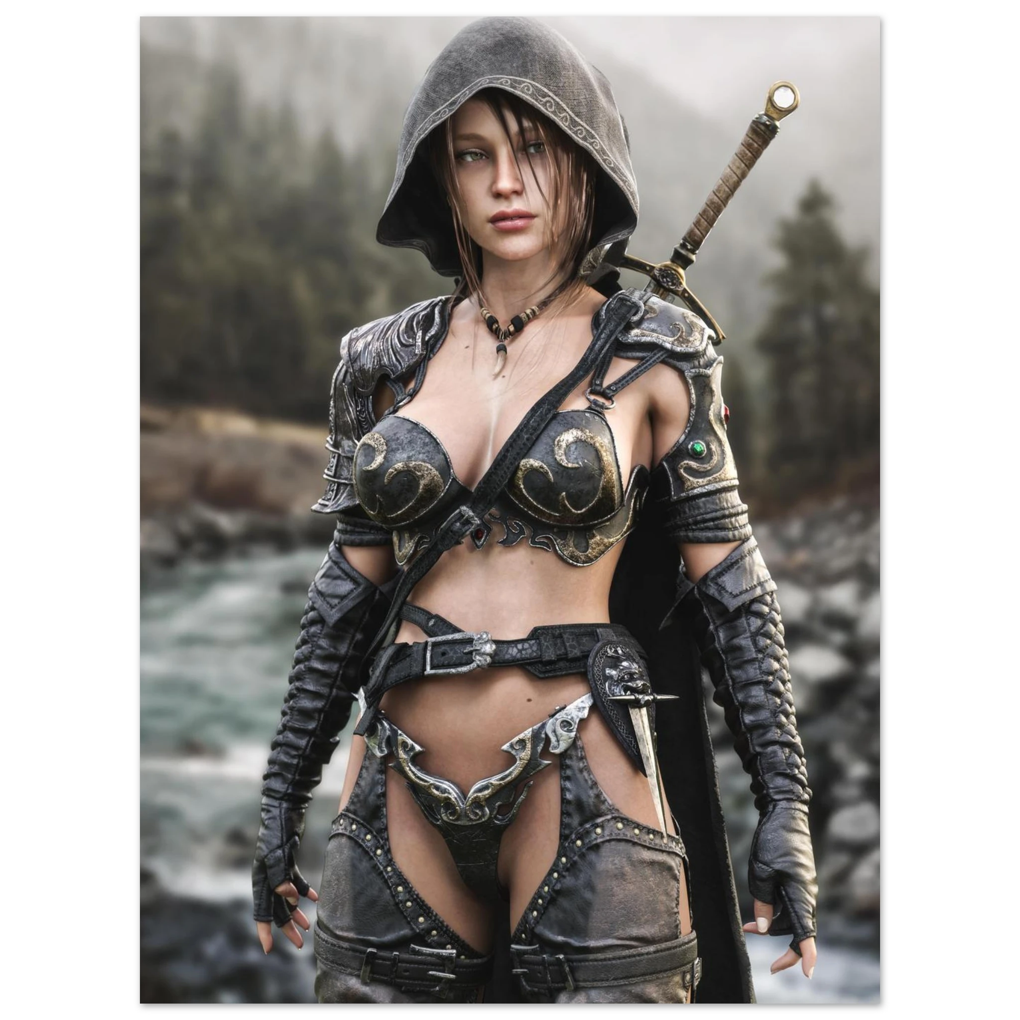 Handcrafted fantasy artwork featuring a hooded female ranger standing beside a mountain river in ornate medieval armor with a sword across her back. Premium wall art for fantasy collectors, RPG enthusiasts, gaming rooms, and medieval décor.
