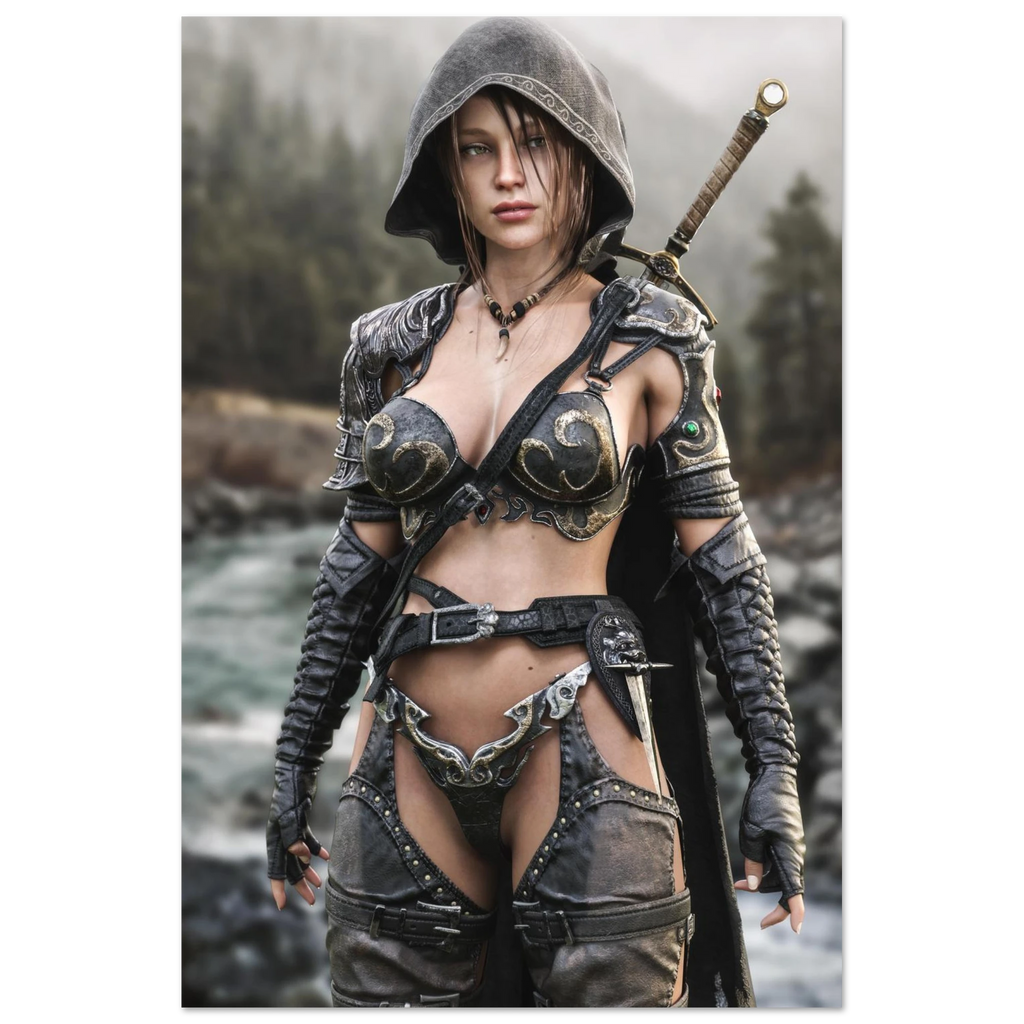 Handcrafted fantasy artwork featuring a hooded female ranger standing beside a mountain river in ornate medieval armor with a sword across her back. Premium wall art for fantasy collectors, RPG enthusiasts, gaming rooms, and medieval décor.