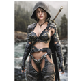 Handcrafted fantasy artwork featuring a hooded female ranger standing beside a mountain river in ornate medieval armor with a sword across her back. Premium wall art for fantasy collectors, RPG enthusiasts, gaming rooms, and medieval décor.
