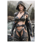 Handcrafted fantasy artwork featuring a hooded female ranger standing beside a mountain river in ornate medieval armor with a sword across her back. Premium wall art for fantasy collectors, RPG enthusiasts, gaming rooms, and medieval décor.