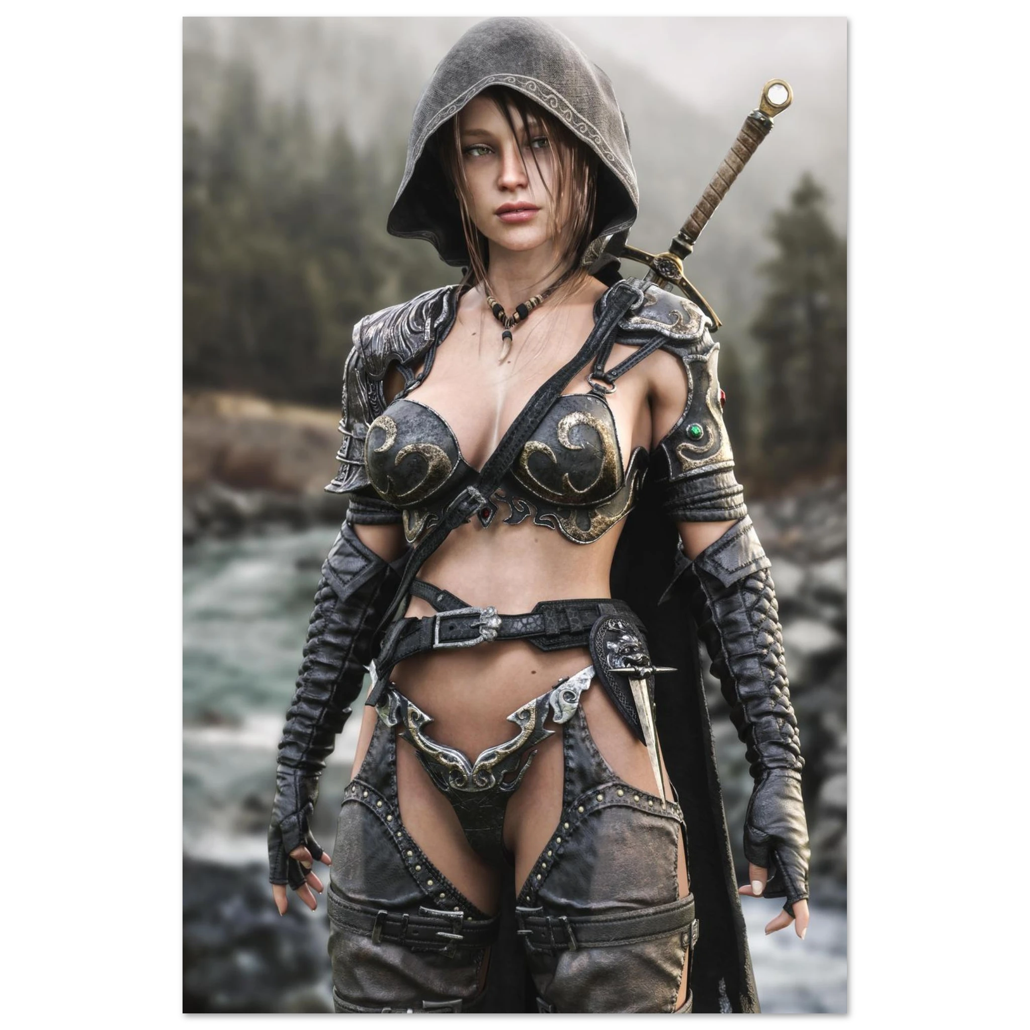 Handcrafted fantasy artwork featuring a hooded female ranger standing beside a mountain river in ornate medieval armor with a sword across her back. Premium wall art for fantasy collectors, RPG enthusiasts, gaming rooms, and medieval décor.