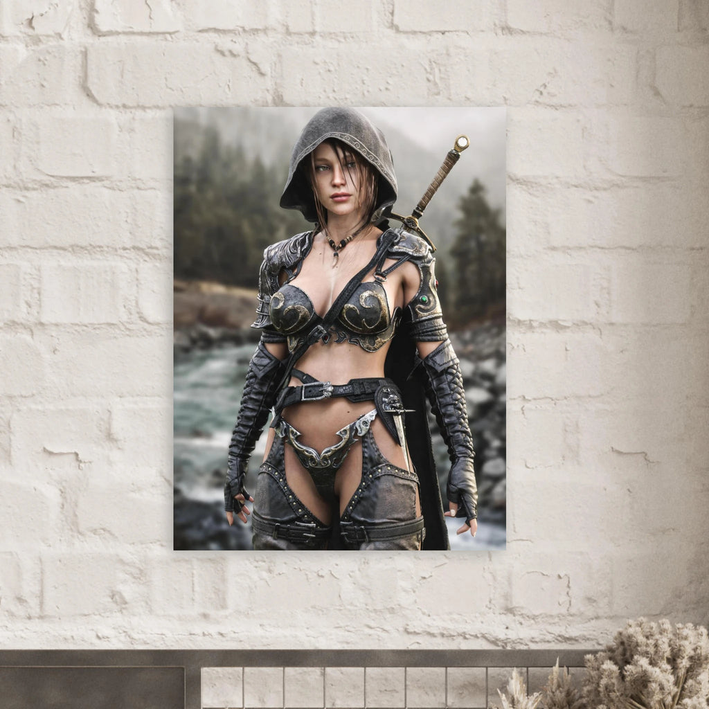 Handcrafted fantasy artwork featuring a hooded female ranger standing beside a mountain river in ornate medieval armor with a sword across her back. Premium wall art for fantasy collectors, RPG enthusiasts, gaming rooms, and medieval décor.