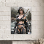 Handcrafted fantasy artwork featuring a hooded female ranger standing beside a mountain river in ornate medieval armor with a sword across her back. Premium wall art for fantasy collectors, RPG enthusiasts, gaming rooms, and medieval décor.