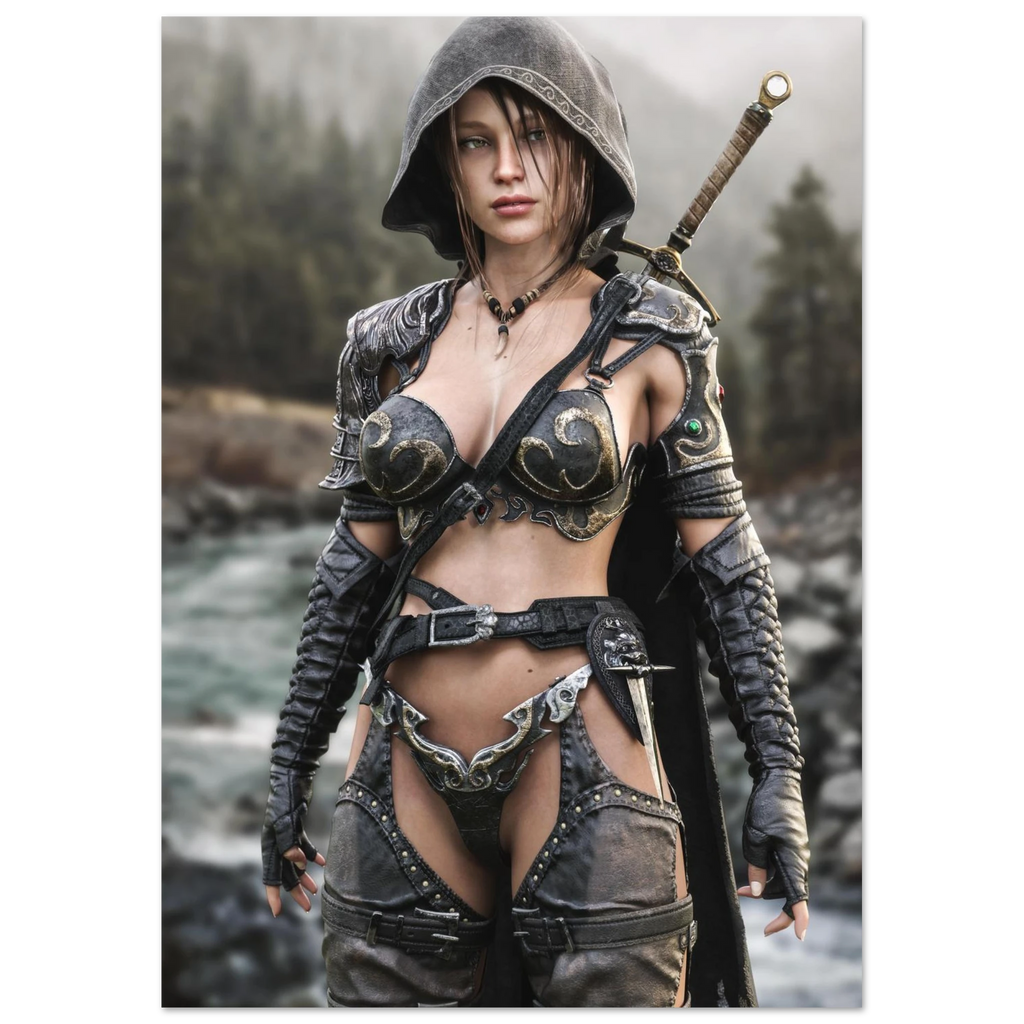 Handcrafted fantasy artwork featuring a hooded female ranger standing beside a mountain river in ornate medieval armor with a sword across her back. Premium wall art for fantasy collectors, RPG enthusiasts, gaming rooms, and medieval décor.