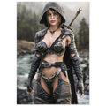 Handcrafted fantasy artwork featuring a hooded female ranger standing beside a mountain river in ornate medieval armor with a sword across her back. Premium wall art for fantasy collectors, RPG enthusiasts, gaming rooms, and medieval décor.