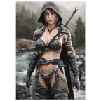 Handcrafted fantasy artwork featuring a hooded female ranger standing beside a mountain river in ornate medieval armor with a sword across her back. Premium wall art for fantasy collectors, RPG enthusiasts, gaming rooms, and medieval décor.