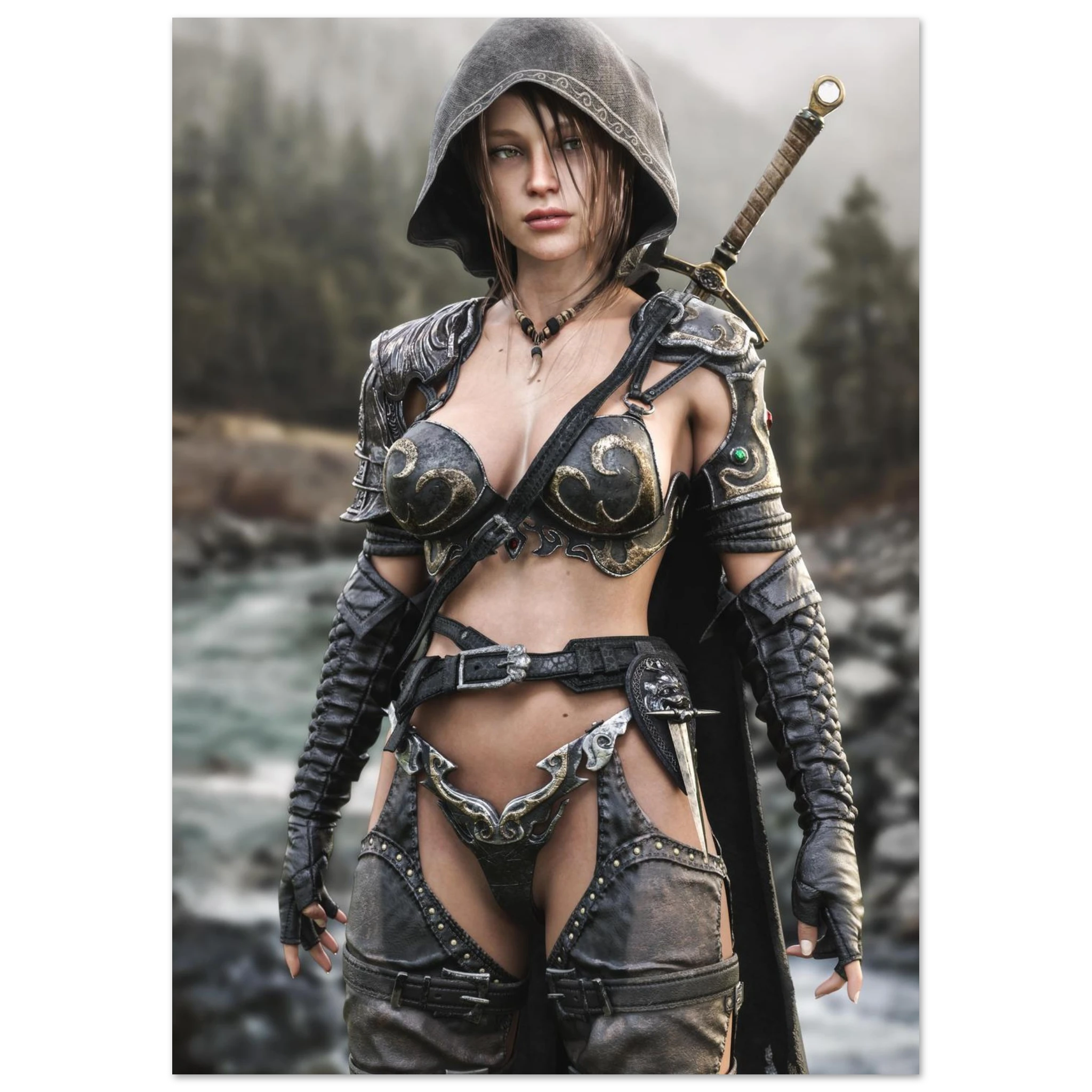 Handcrafted fantasy artwork featuring a hooded female ranger standing beside a mountain river in ornate medieval armor with a sword across her back. Premium wall art for fantasy collectors, RPG enthusiasts, gaming rooms, and medieval décor.