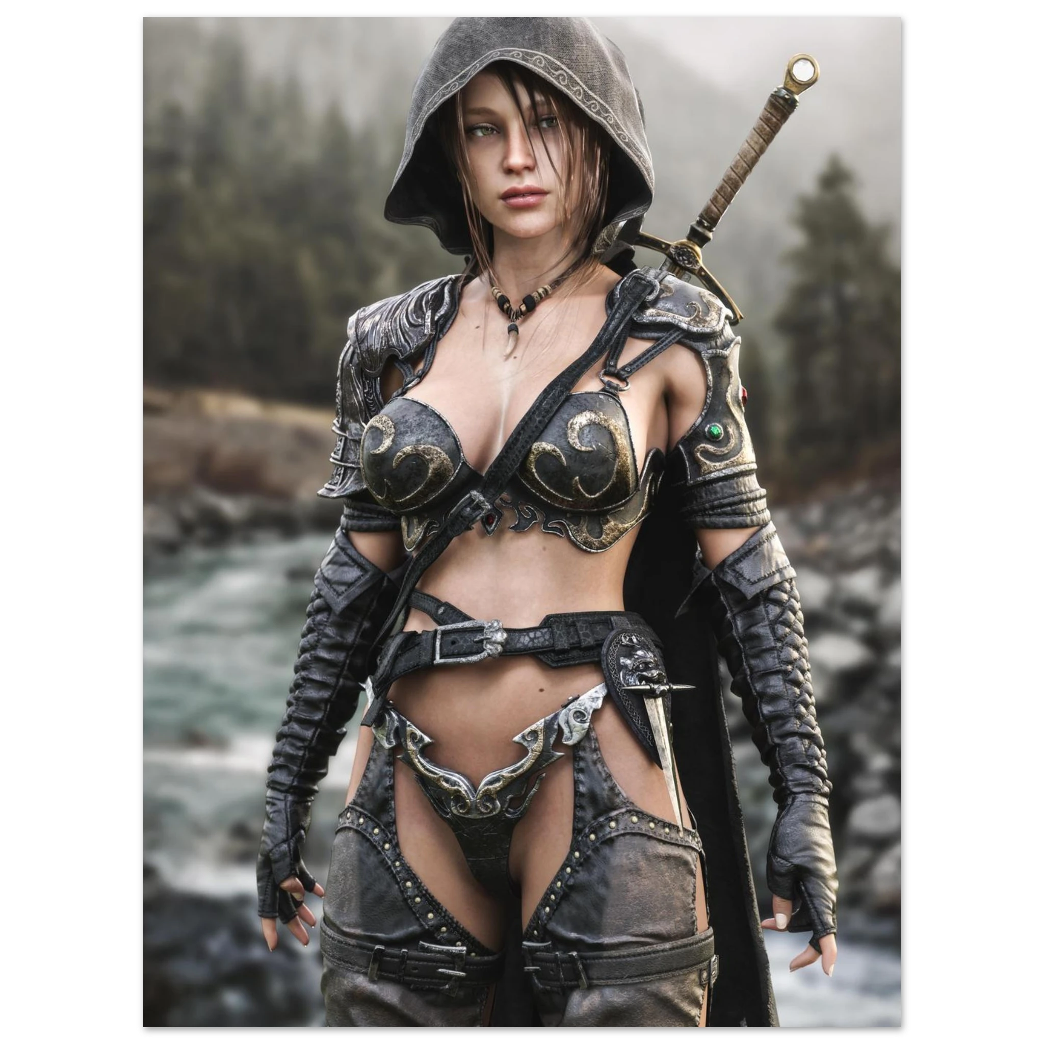 Handcrafted fantasy artwork featuring a hooded female ranger standing beside a mountain river in ornate medieval armor with a sword across her back. Premium wall art for fantasy collectors, RPG enthusiasts, gaming rooms, and medieval décor.