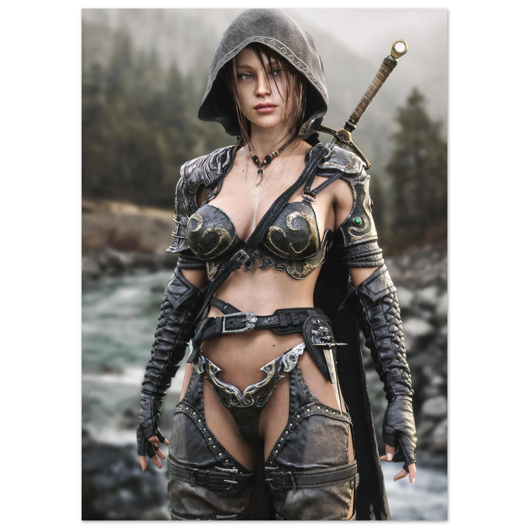 Handcrafted fantasy artwork featuring a hooded female ranger standing beside a mountain river in ornate medieval armor with a sword across her back. Premium wall art for fantasy collectors, RPG enthusiasts, gaming rooms, and medieval décor.