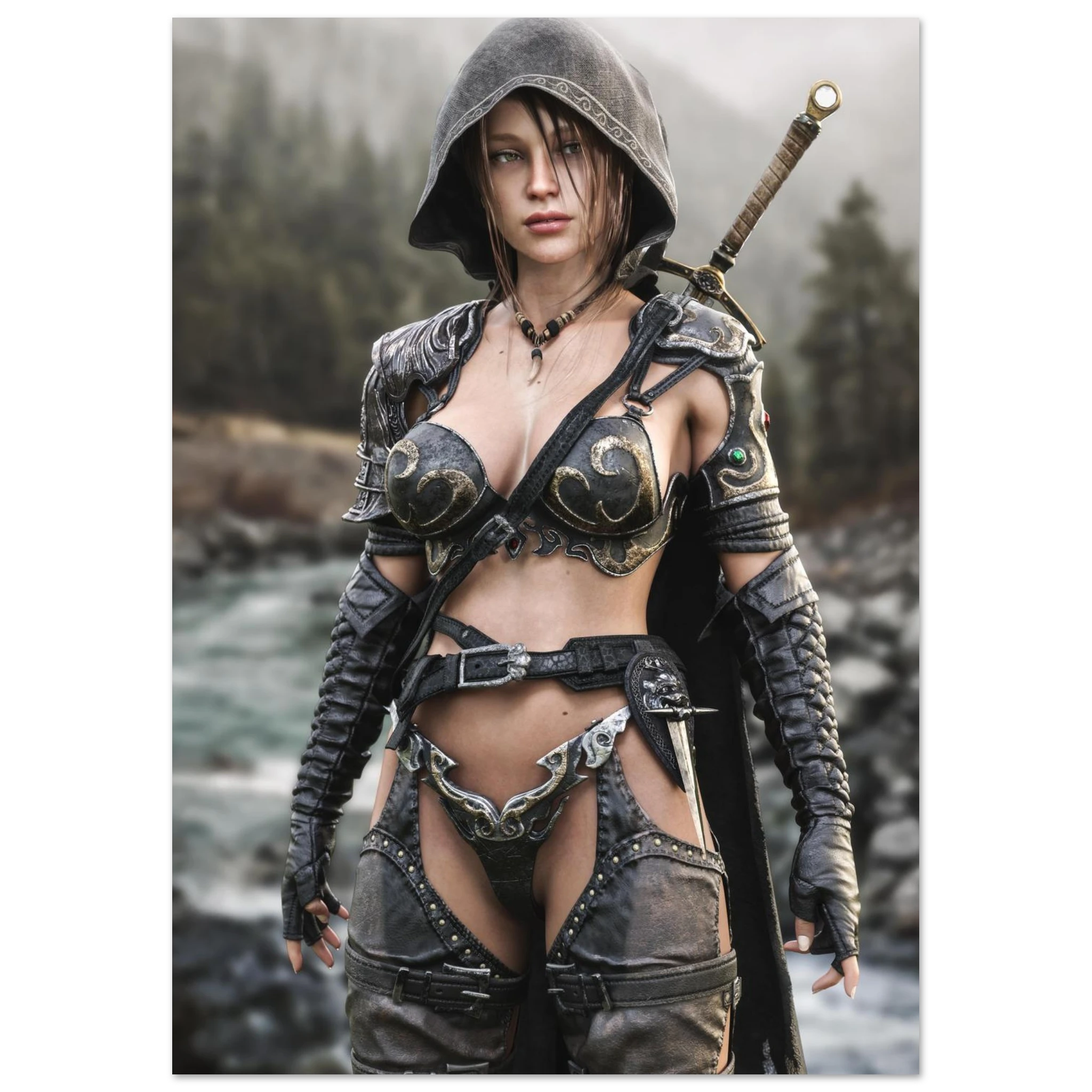 Handcrafted fantasy artwork featuring a hooded female ranger standing beside a mountain river in ornate medieval armor with a sword across her back. Premium wall art for fantasy collectors, RPG enthusiasts, gaming rooms, and medieval décor.