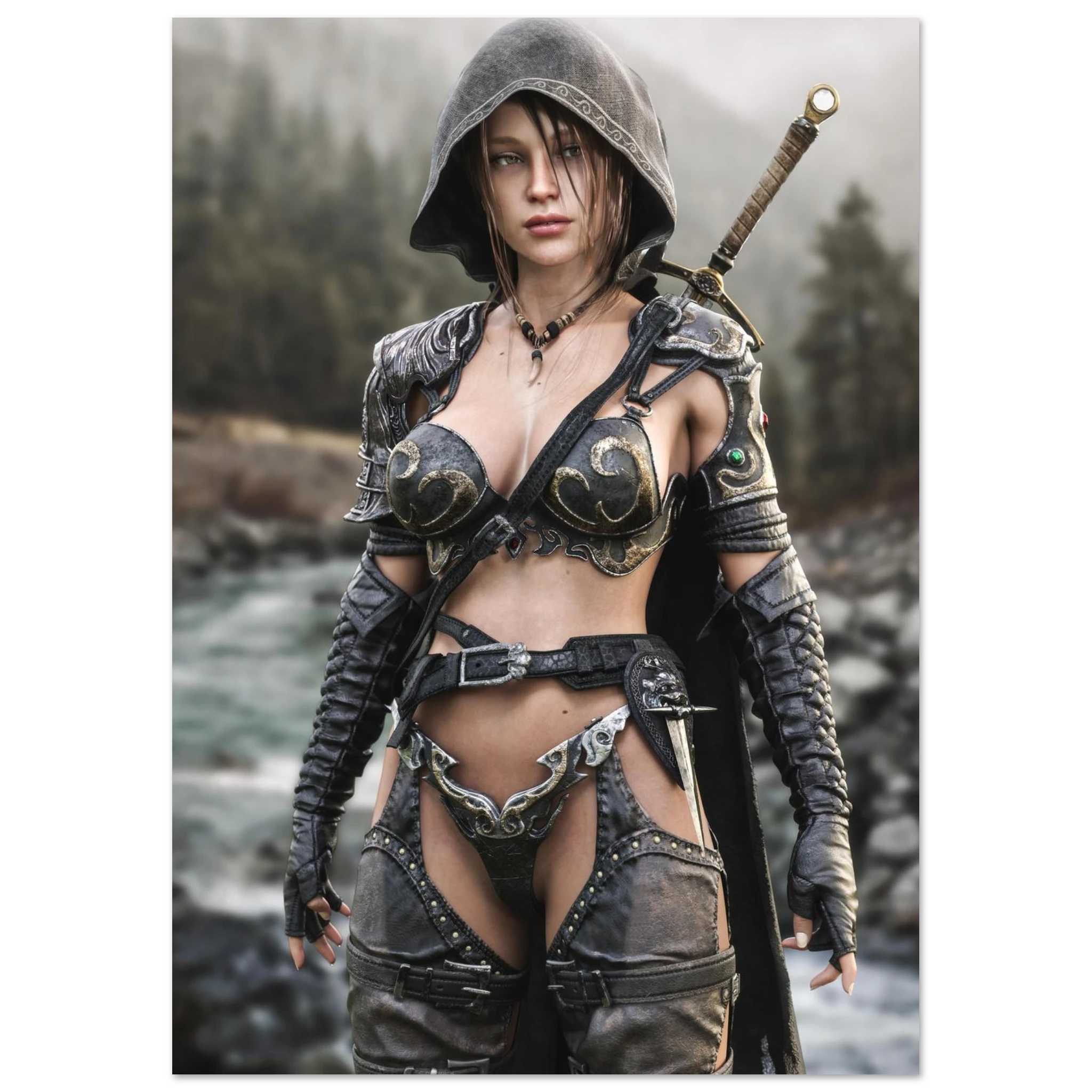 Handcrafted fantasy artwork featuring a hooded female ranger standing beside a mountain river in ornate medieval armor with a sword across her back. Premium wall art for fantasy collectors, RPG enthusiasts, gaming rooms, and medieval décor.