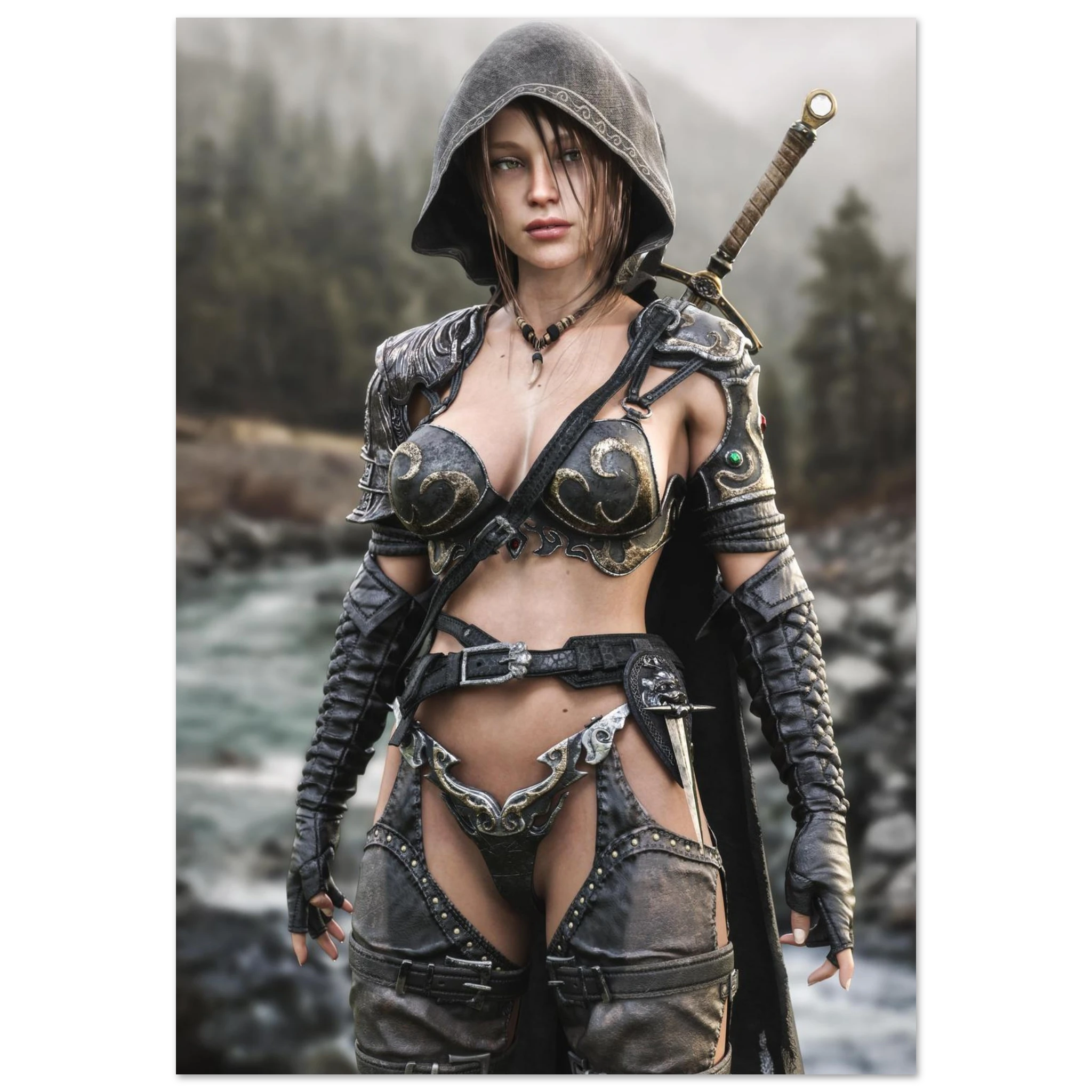 Handcrafted fantasy artwork featuring a hooded female ranger standing beside a mountain river in ornate medieval armor with a sword across her back. Premium wall art for fantasy collectors, RPG enthusiasts, gaming rooms, and medieval décor.