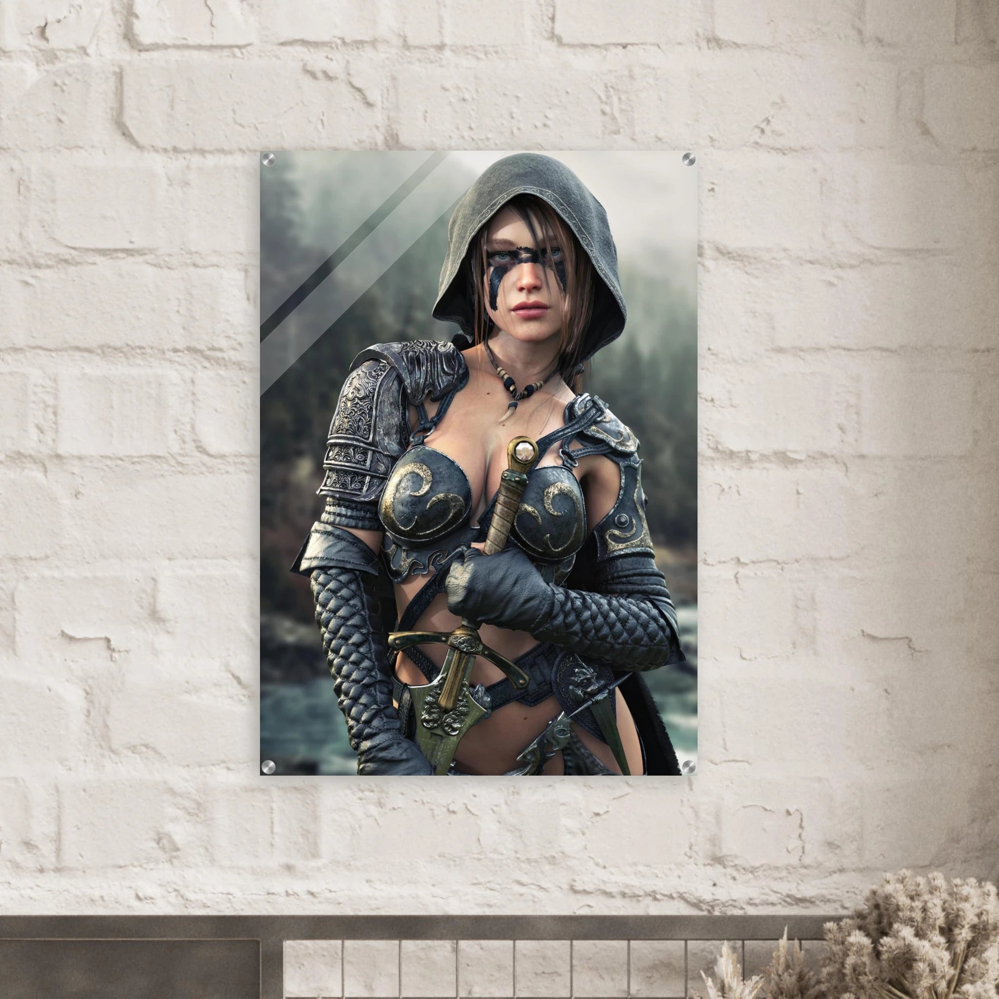 Handcrafted fantasy artwork featuring a hooded female ranger wearing engraved medieval armor and black war paint while holding an ornate sword against a misty forest backdrop. A cinematic fantasy portrait perfect for collectors, gamers, RPG enthusiasts, and fantasy wall décor.