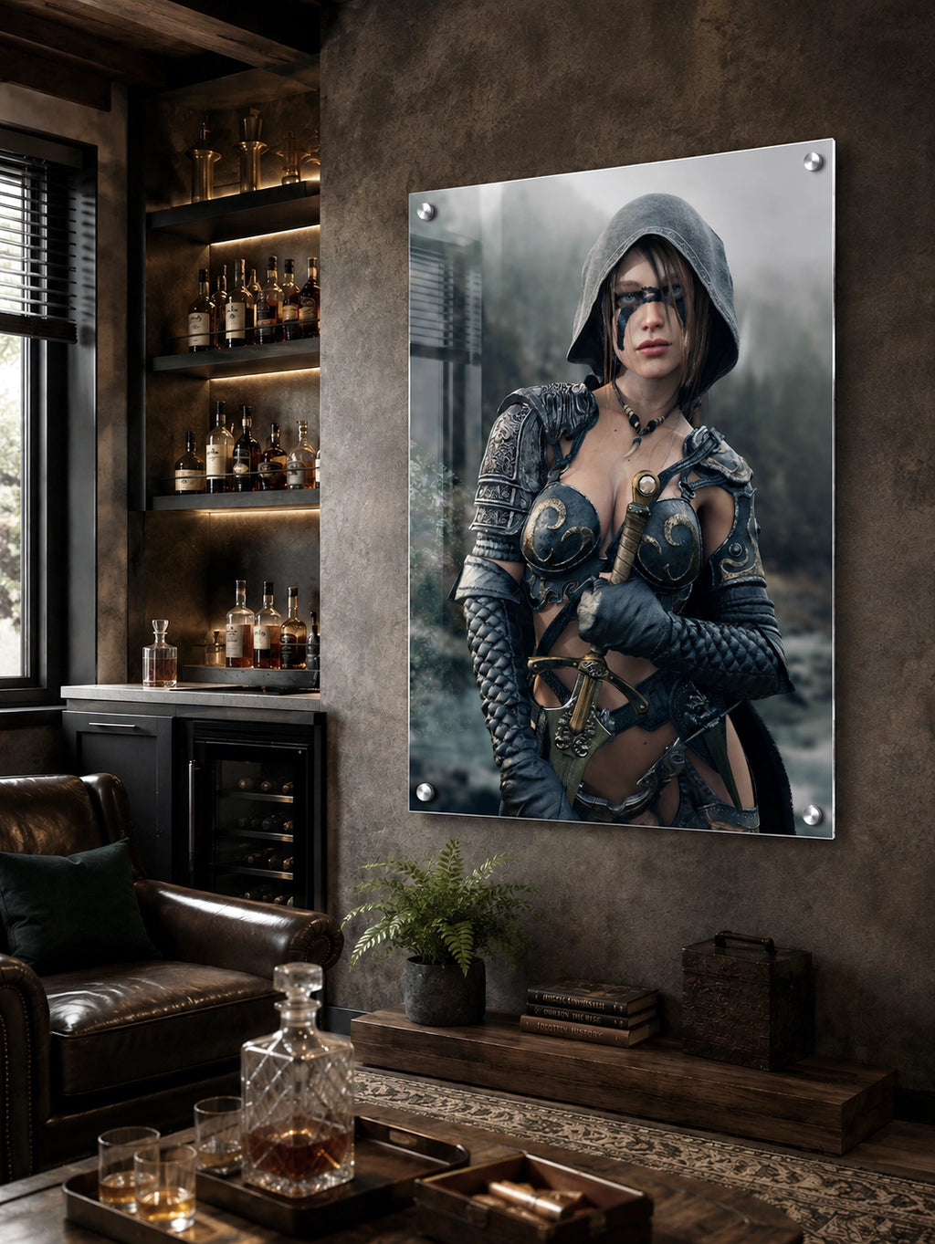Handcrafted fantasy artwork featuring a hooded female ranger wearing engraved medieval armor and black war paint while holding an ornate sword against a misty forest backdrop. A cinematic fantasy portrait perfect for collectors, gamers, RPG enthusiasts, and fantasy wall décor.