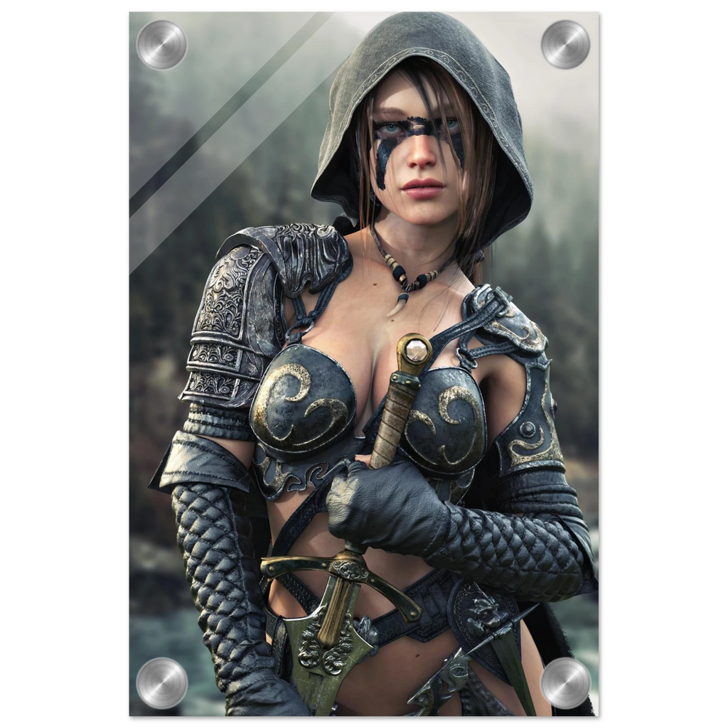 Handcrafted fantasy artwork featuring a hooded female ranger wearing engraved medieval armor and black war paint while holding an ornate sword against a misty forest backdrop. A cinematic fantasy portrait perfect for collectors, gamers, RPG enthusiasts, and fantasy wall décor.