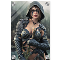 Handcrafted fantasy artwork featuring a hooded female ranger wearing engraved medieval armor and black war paint while holding an ornate sword against a misty forest backdrop. A cinematic fantasy portrait perfect for collectors, gamers, RPG enthusiasts, and fantasy wall décor.