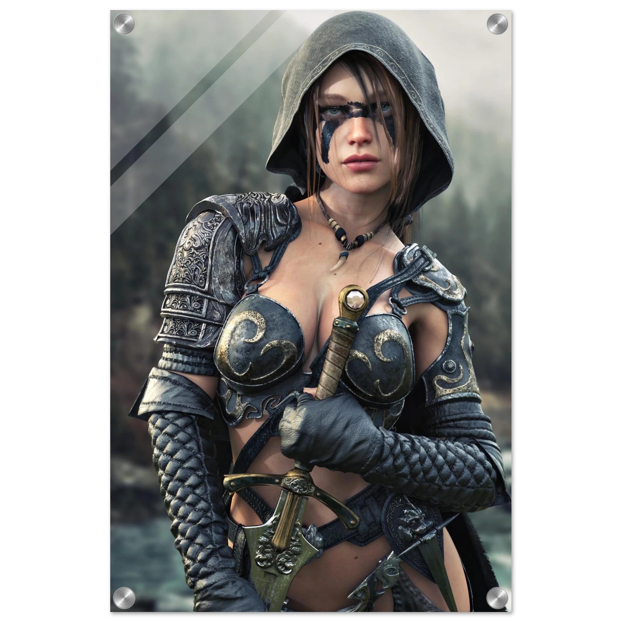 Handcrafted fantasy artwork featuring a hooded female ranger wearing engraved medieval armor and black war paint while holding an ornate sword against a misty forest backdrop. A cinematic fantasy portrait perfect for collectors, gamers, RPG enthusiasts, and fantasy wall décor.