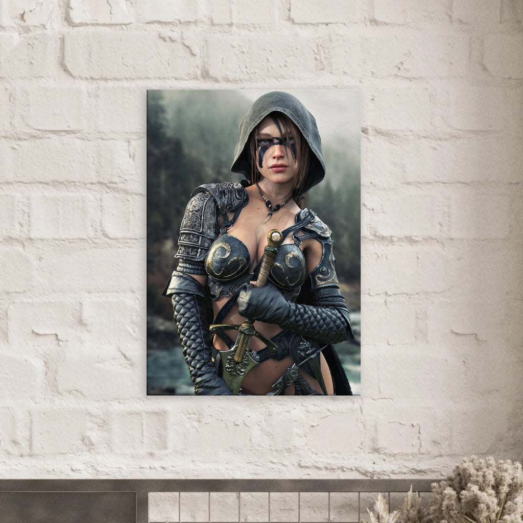 Handcrafted fantasy artwork featuring a hooded female ranger wearing engraved medieval armor and black war paint while holding an ornate sword against a misty forest backdrop. A cinematic fantasy portrait perfect for collectors, gamers, RPG enthusiasts, and fantasy wall décor.