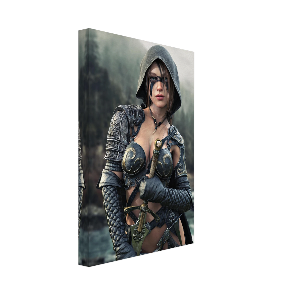 Handcrafted fantasy artwork featuring a hooded female ranger wearing engraved medieval armor and black war paint while holding an ornate sword against a misty forest backdrop. A cinematic fantasy portrait perfect for collectors, gamers, RPG enthusiasts, and fantasy wall décor.