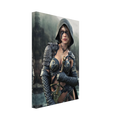 Handcrafted fantasy artwork featuring a hooded female ranger wearing engraved medieval armor and black war paint while holding an ornate sword against a misty forest backdrop. A cinematic fantasy portrait perfect for collectors, gamers, RPG enthusiasts, and fantasy wall décor.