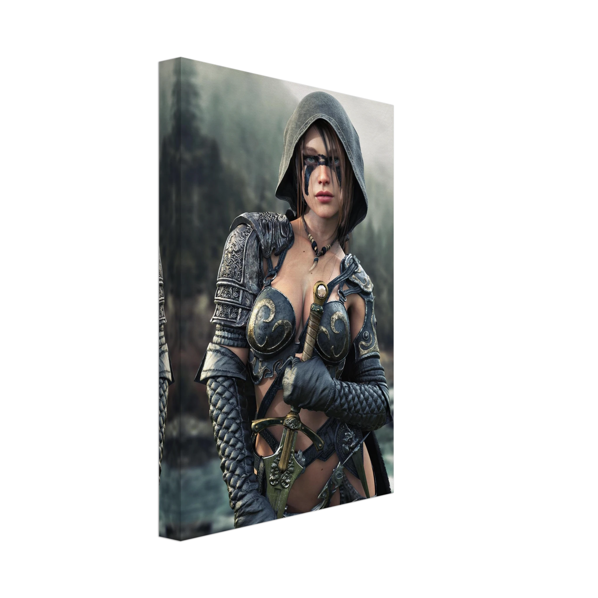 Handcrafted fantasy artwork featuring a hooded female ranger wearing engraved medieval armor and black war paint while holding an ornate sword against a misty forest backdrop. A cinematic fantasy portrait perfect for collectors, gamers, RPG enthusiasts, and fantasy wall décor.