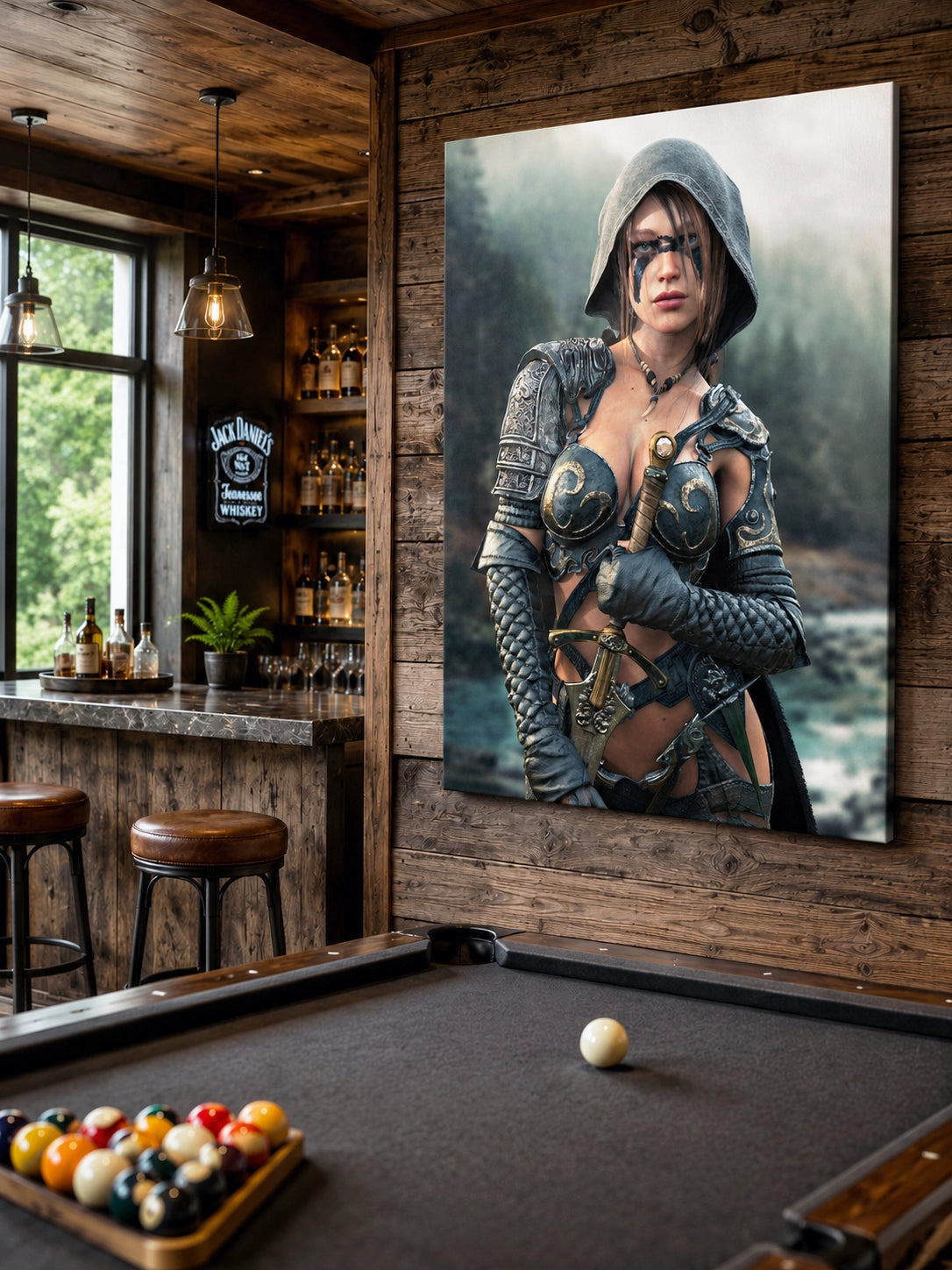 Handcrafted fantasy artwork featuring a hooded female ranger wearing engraved medieval armor and black war paint while holding an ornate sword against a misty forest backdrop. A cinematic fantasy portrait perfect for collectors, gamers, RPG enthusiasts, and fantasy wall décor.