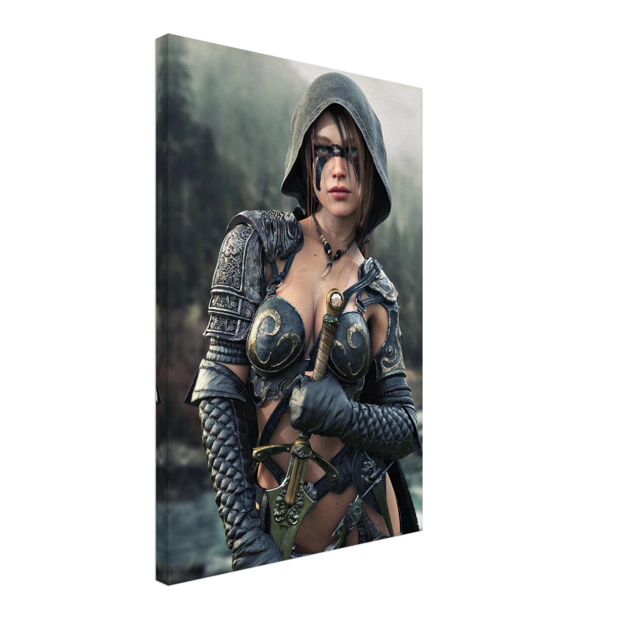 Handcrafted fantasy artwork featuring a hooded female ranger wearing engraved medieval armor and black war paint while holding an ornate sword against a misty forest backdrop. A cinematic fantasy portrait perfect for collectors, gamers, RPG enthusiasts, and fantasy wall décor.