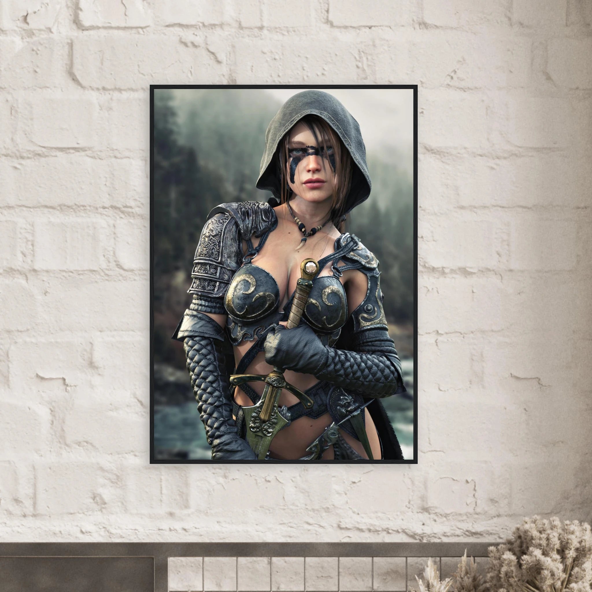 A framed art print featuring a fantasy warrior woman in dark armor, displayed on a white brick wall above a mantel.