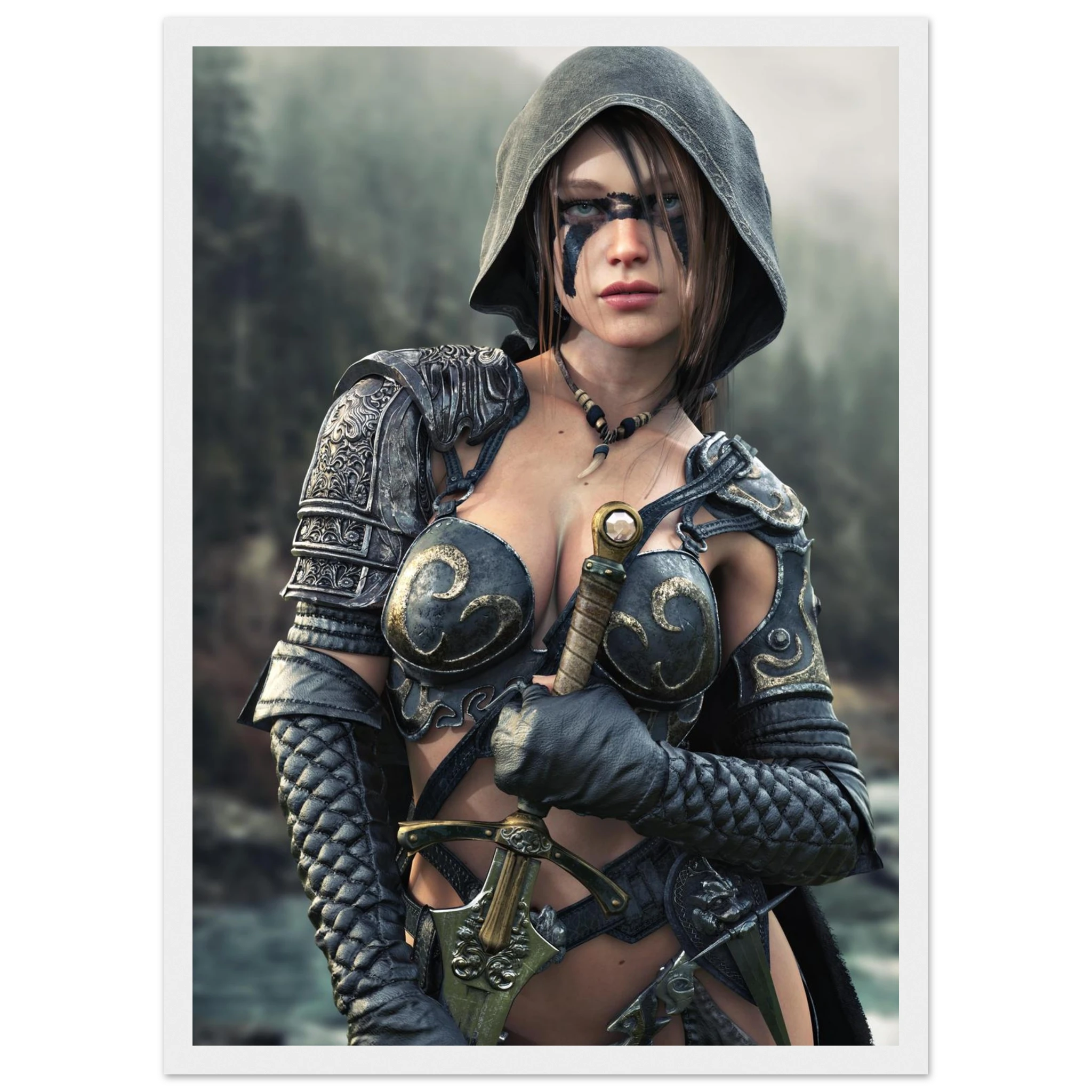 A framed art print or poster featuring a fantasy warrior woman in dark metallic armor with a hood, holding a sword, set against a misty forest background.