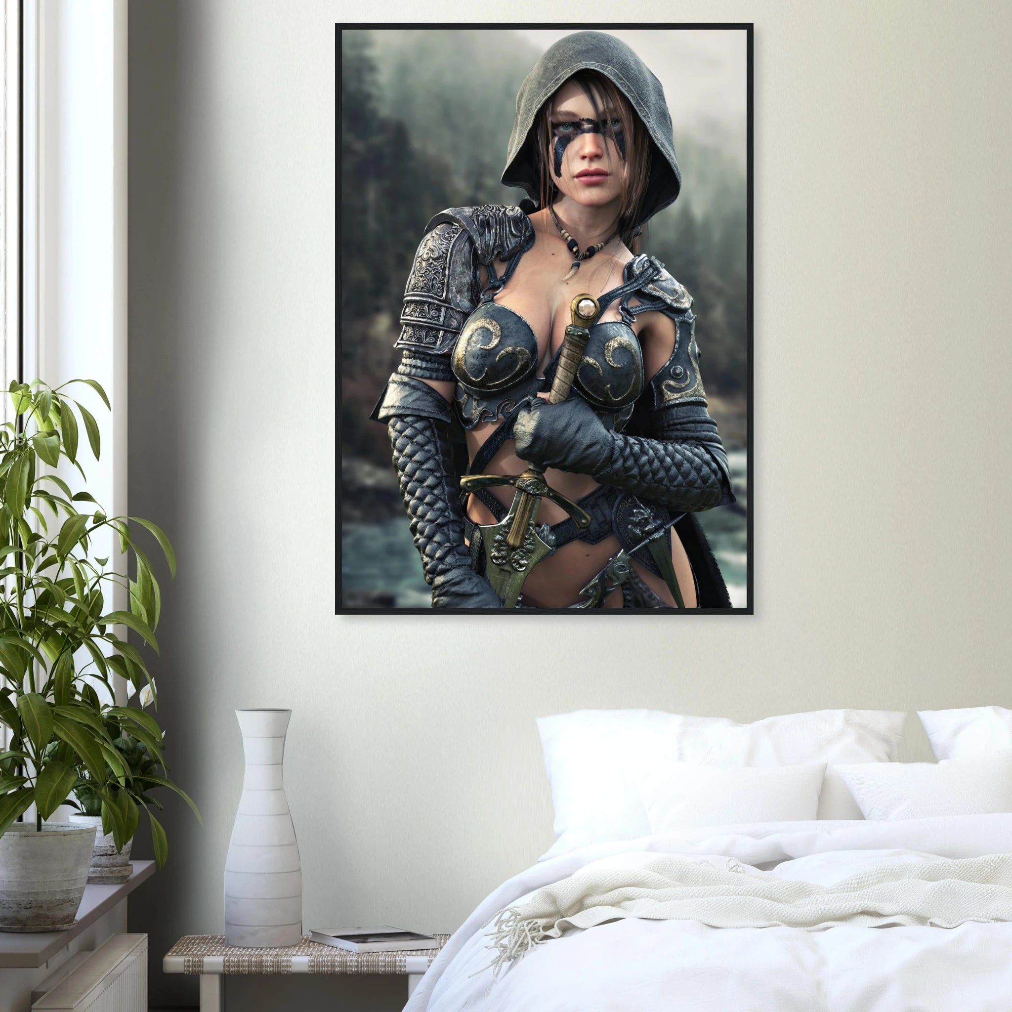 A framed wall art print depicting a hooded fantasy warrior in dark metallic armor holding a sword, displayed above a bed in a modern bedroom setting with a plant and vase.