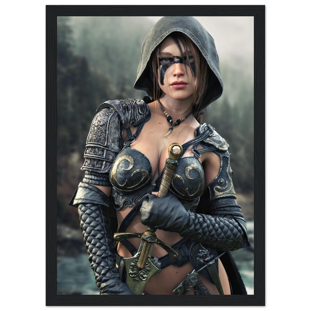 A framed art print featuring a fantasy illustration of a female warrior in dark metallic armor with a hood, holding a sword, set against a misty forest background.