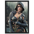 A framed art print featuring a fantasy illustration of a female warrior in dark metallic armor with a hood, holding a sword, set against a misty forest background.