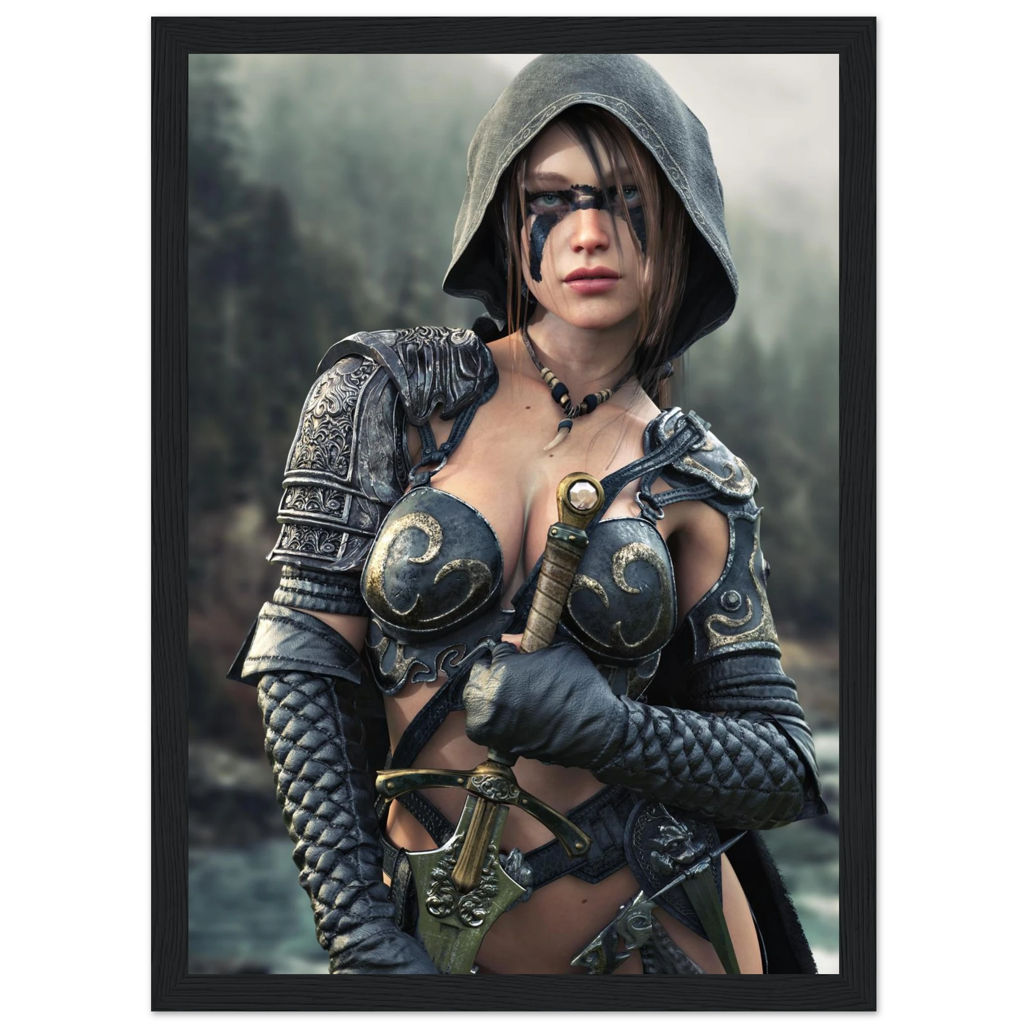 A framed art print featuring a fantasy illustration of a female warrior in dark metallic armor with a hood, holding a sword, set against a misty forest background.