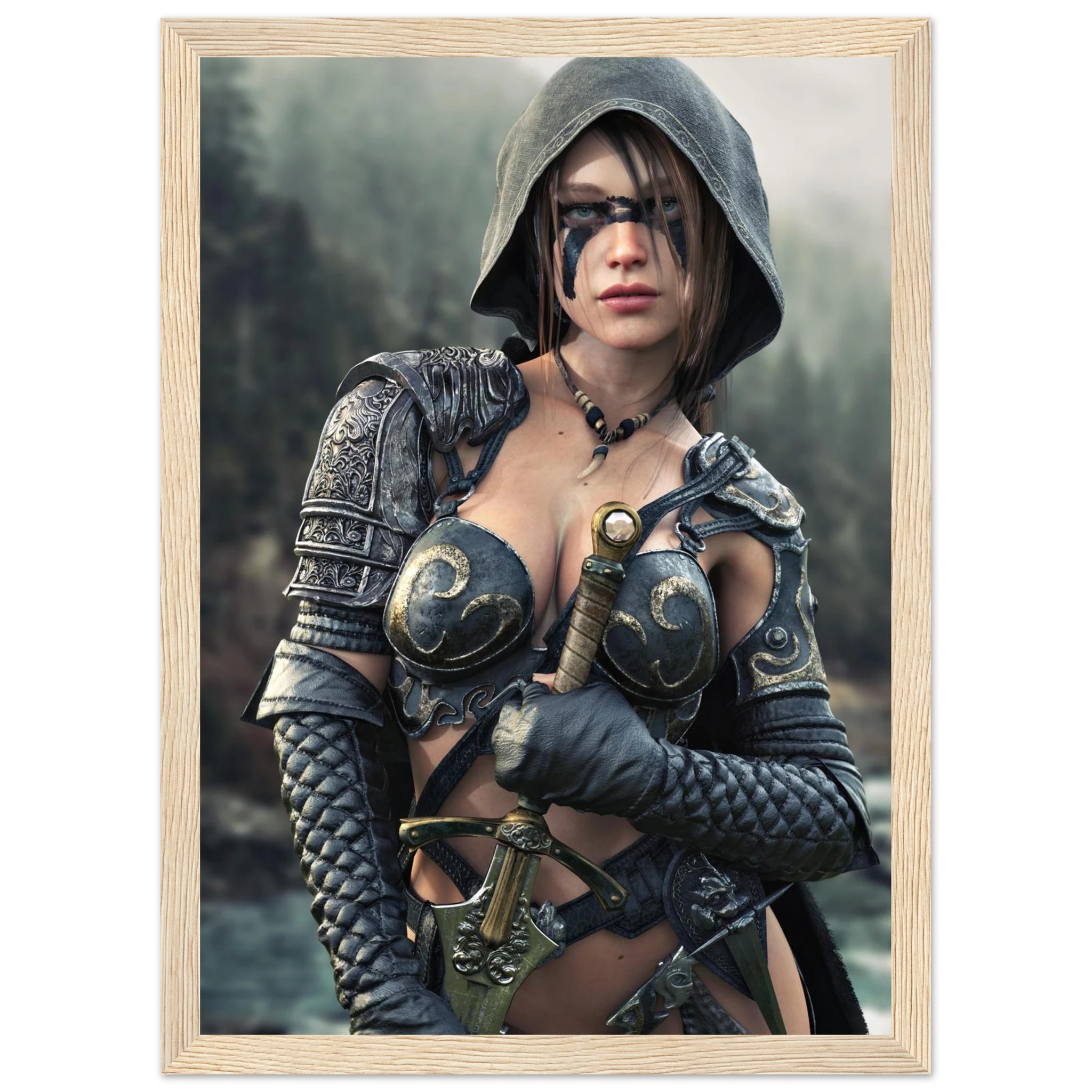 A framed art print featuring a fantasy illustration of a hooded warrior in dark metallic armor with a sword, set against a misty forest background.