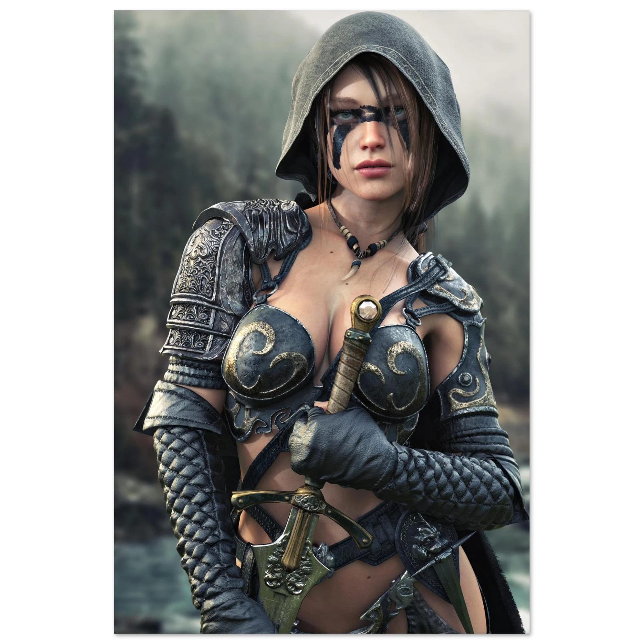 Handcrafted fantasy artwork featuring a hooded female ranger wearing engraved medieval armor and black war paint while holding an ornate sword against a misty forest backdrop. A cinematic fantasy portrait perfect for collectors, gamers, RPG enthusiasts, and fantasy wall décor.