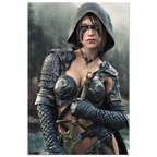 Handcrafted fantasy artwork featuring a hooded female ranger wearing engraved medieval armor and black war paint while holding an ornate sword against a misty forest backdrop. A cinematic fantasy portrait perfect for collectors, gamers, RPG enthusiasts, and fantasy wall décor.