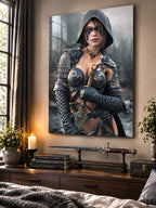 Handcrafted fantasy artwork featuring a hooded female ranger wearing engraved medieval armor and black war paint while holding an ornate sword against a misty forest backdrop. A cinematic fantasy portrait perfect for collectors, gamers, RPG enthusiasts, and fantasy wall décor.