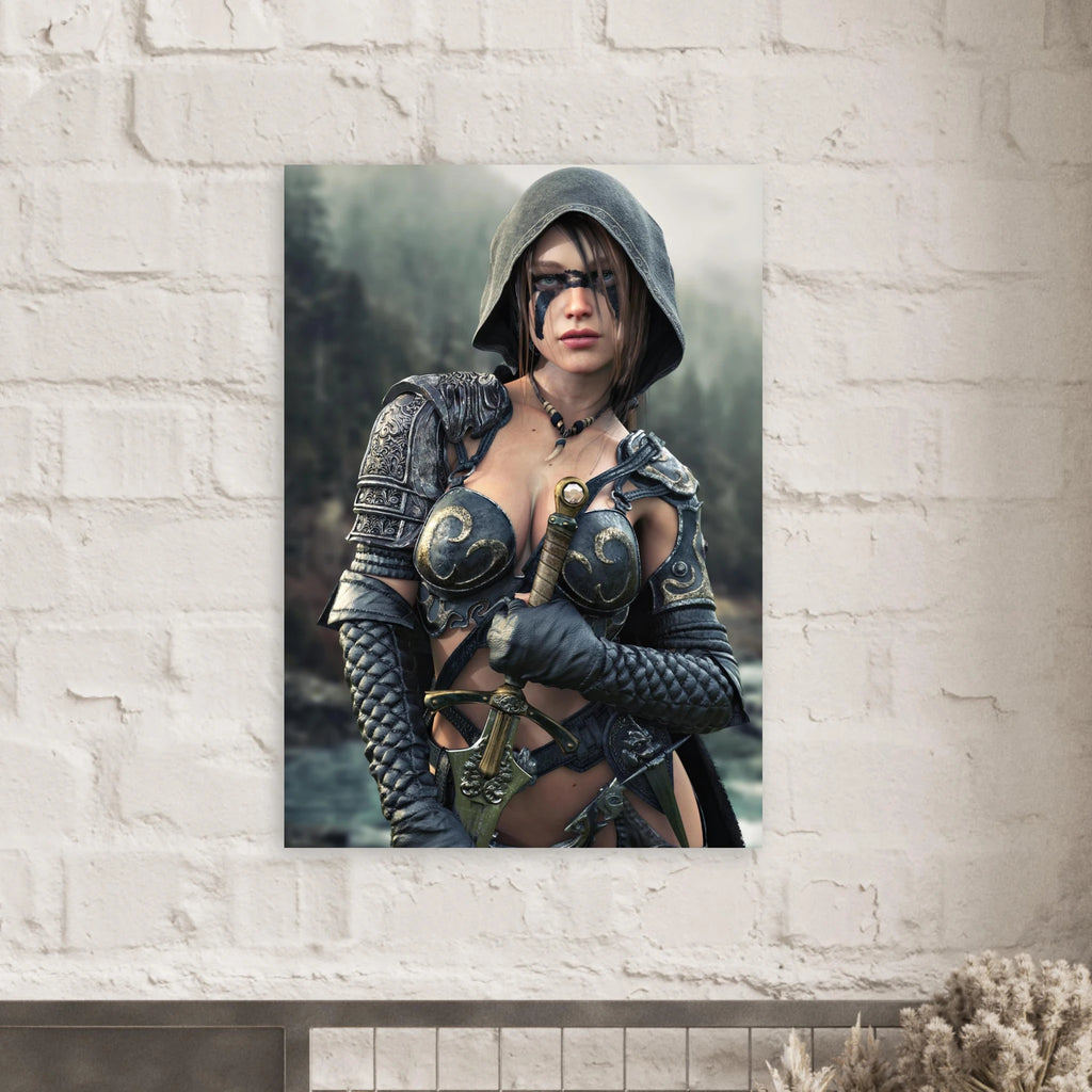 Handcrafted fantasy artwork featuring a hooded female ranger wearing engraved medieval armor and black war paint while holding an ornate sword against a misty forest backdrop. A cinematic fantasy portrait perfect for collectors, gamers, RPG enthusiasts, and fantasy wall décor.