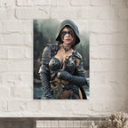 Handcrafted fantasy artwork featuring a hooded female ranger wearing engraved medieval armor and black war paint while holding an ornate sword against a misty forest backdrop. A cinematic fantasy portrait perfect for collectors, gamers, RPG enthusiasts, and fantasy wall décor.