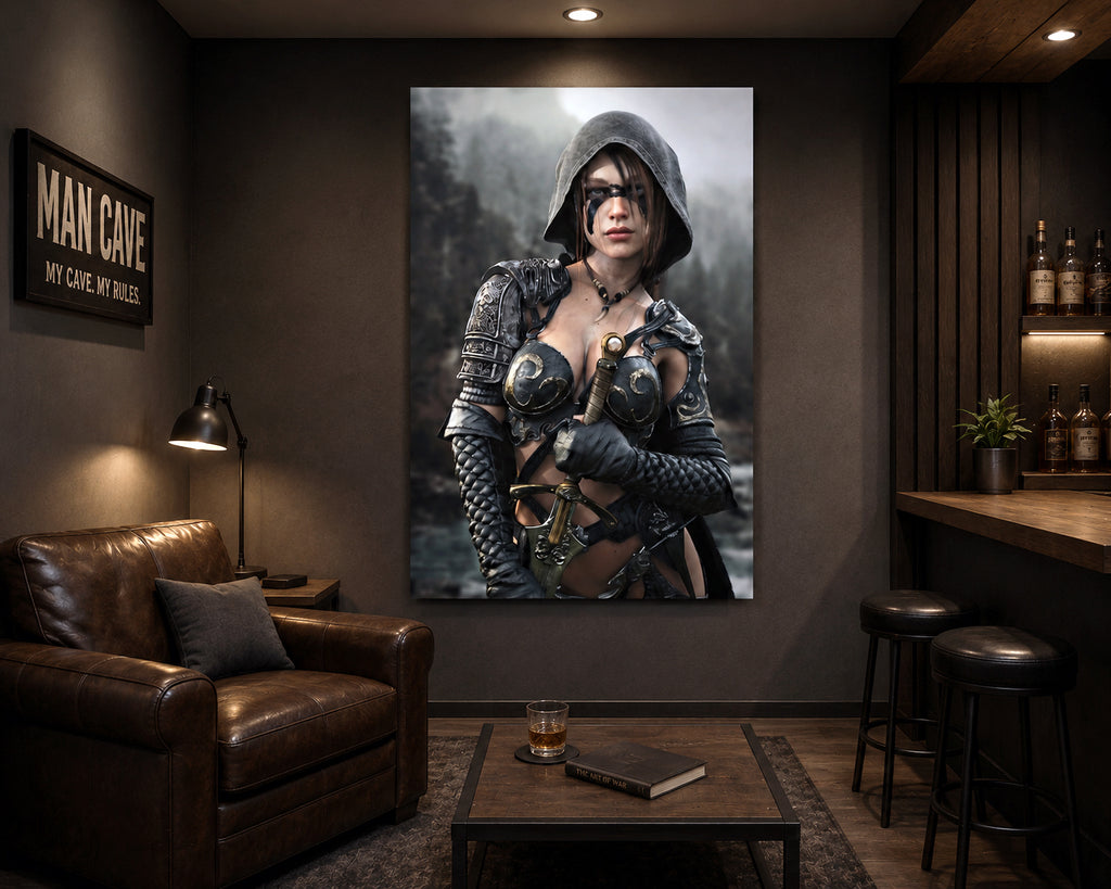 Handcrafted fantasy artwork featuring a hooded female ranger wearing engraved medieval armor and black war paint while holding an ornate sword against a misty forest backdrop. A cinematic fantasy portrait perfect for collectors, gamers, RPG enthusiasts, and fantasy wall décor.