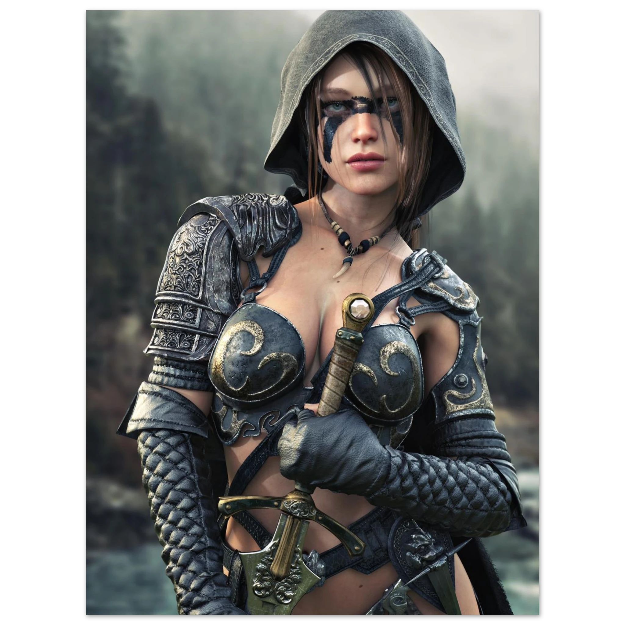 Handcrafted fantasy artwork featuring a hooded female ranger wearing engraved medieval armor and black war paint while holding an ornate sword against a misty forest backdrop. A cinematic fantasy portrait perfect for collectors, gamers, RPG enthusiasts, and fantasy wall décor