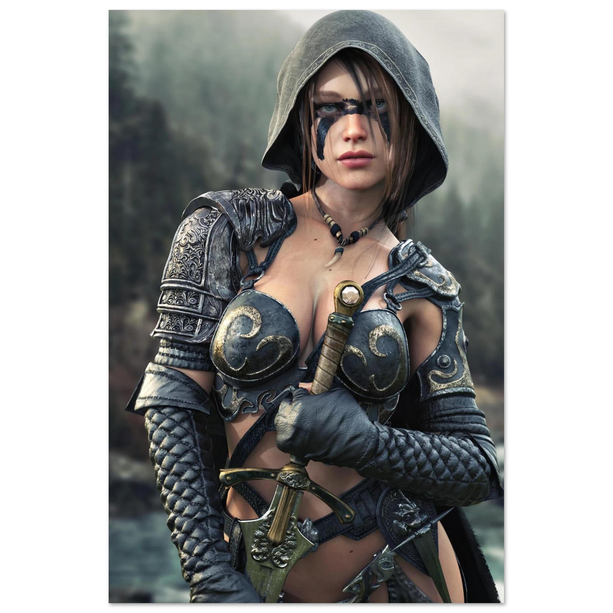 Handcrafted fantasy artwork featuring a hooded female ranger wearing engraved medieval armor and black war paint while holding an ornate sword against a misty forest backdrop. A cinematic fantasy portrait perfect for collectors, gamers, RPG enthusiasts, and fantasy wall décor